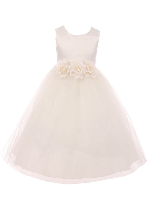 Kids Dream Big Girls Ivory Floral Satin Illusion Junior Bridesmaid Dress 8-14 - SophiasStyle.com